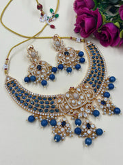 Mayuri Designer Mossanite Polki Blue Stone Hasli Necklace Set