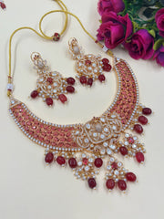 Mayuri Designer Mossanite Ruby Pink Polki Hasli Necklace Set