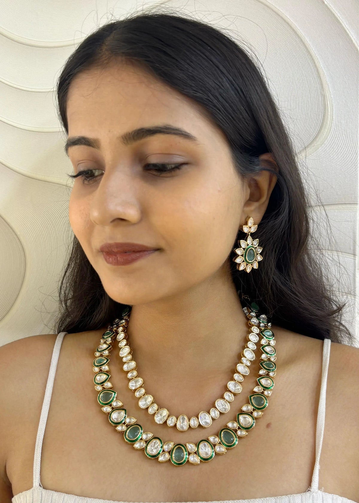 Rose Gold Finish Double Layered Green Stone Polki Necklace Set