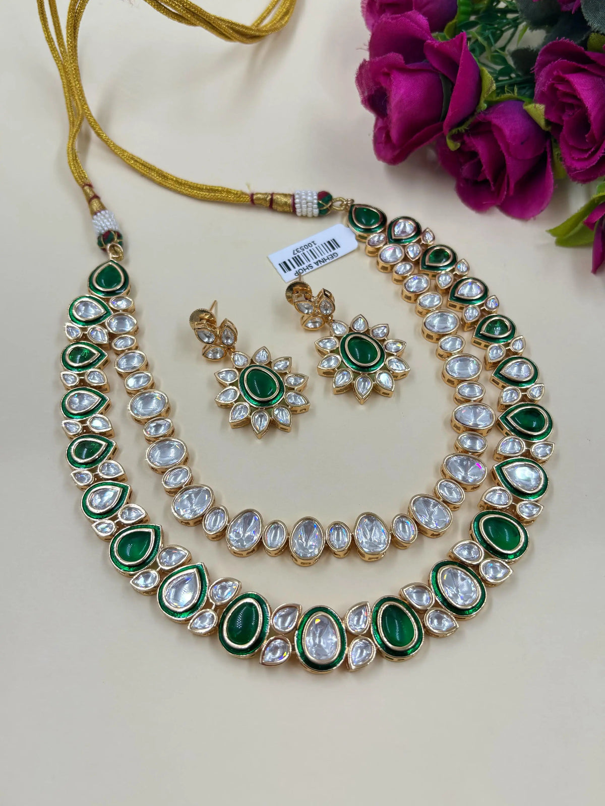 Rose Gold Finish Double Layered Green Stone Polki Necklace Set