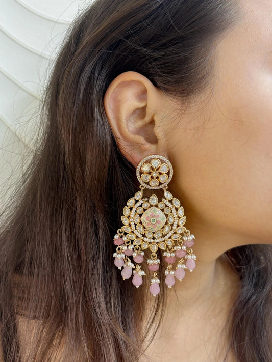 Traditional Rose Gold Finish Baby Pink Kundan Chandbali Earrings