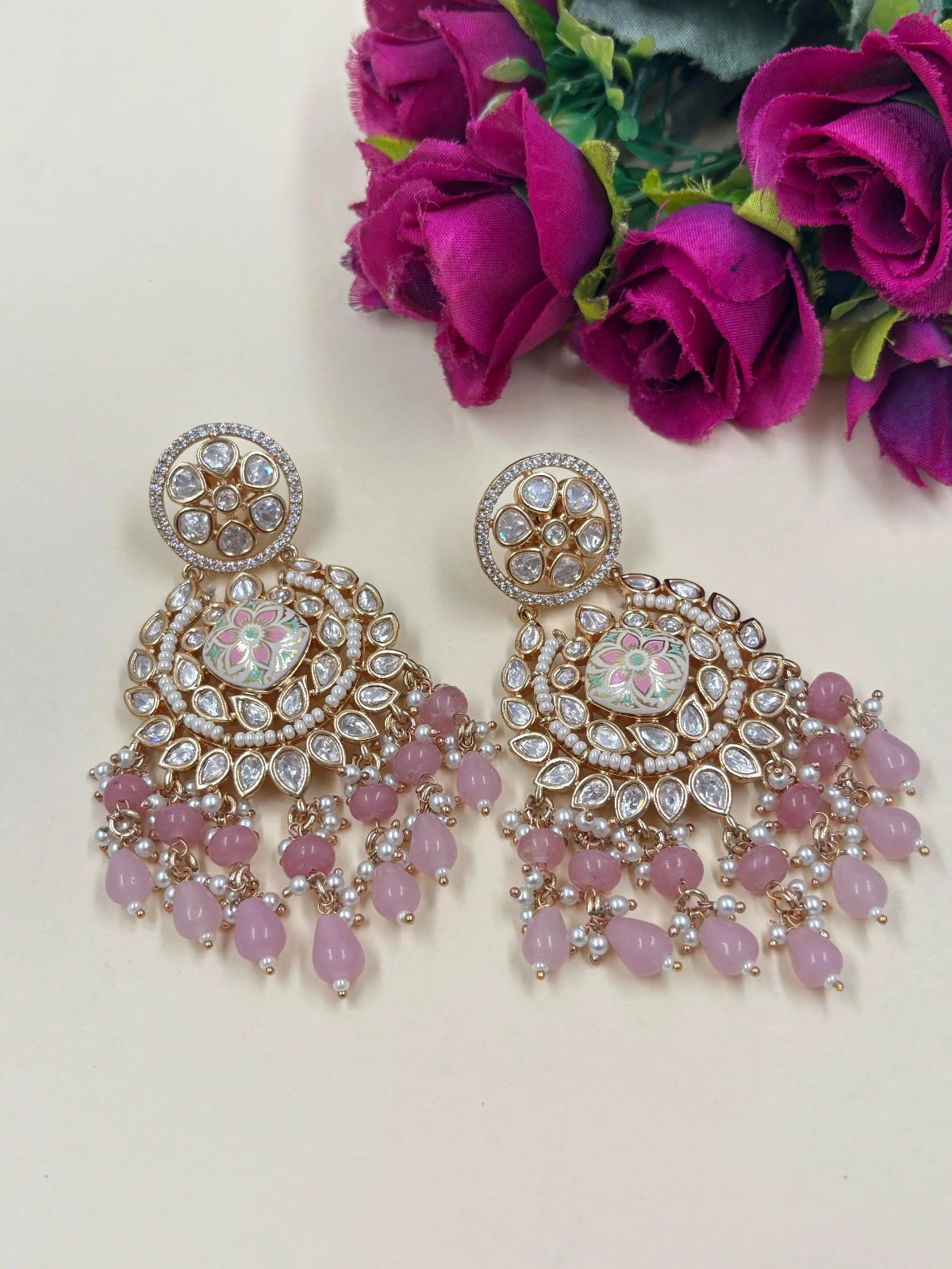 Traditional Rose Gold Finish Kundan Chandbali Earrings