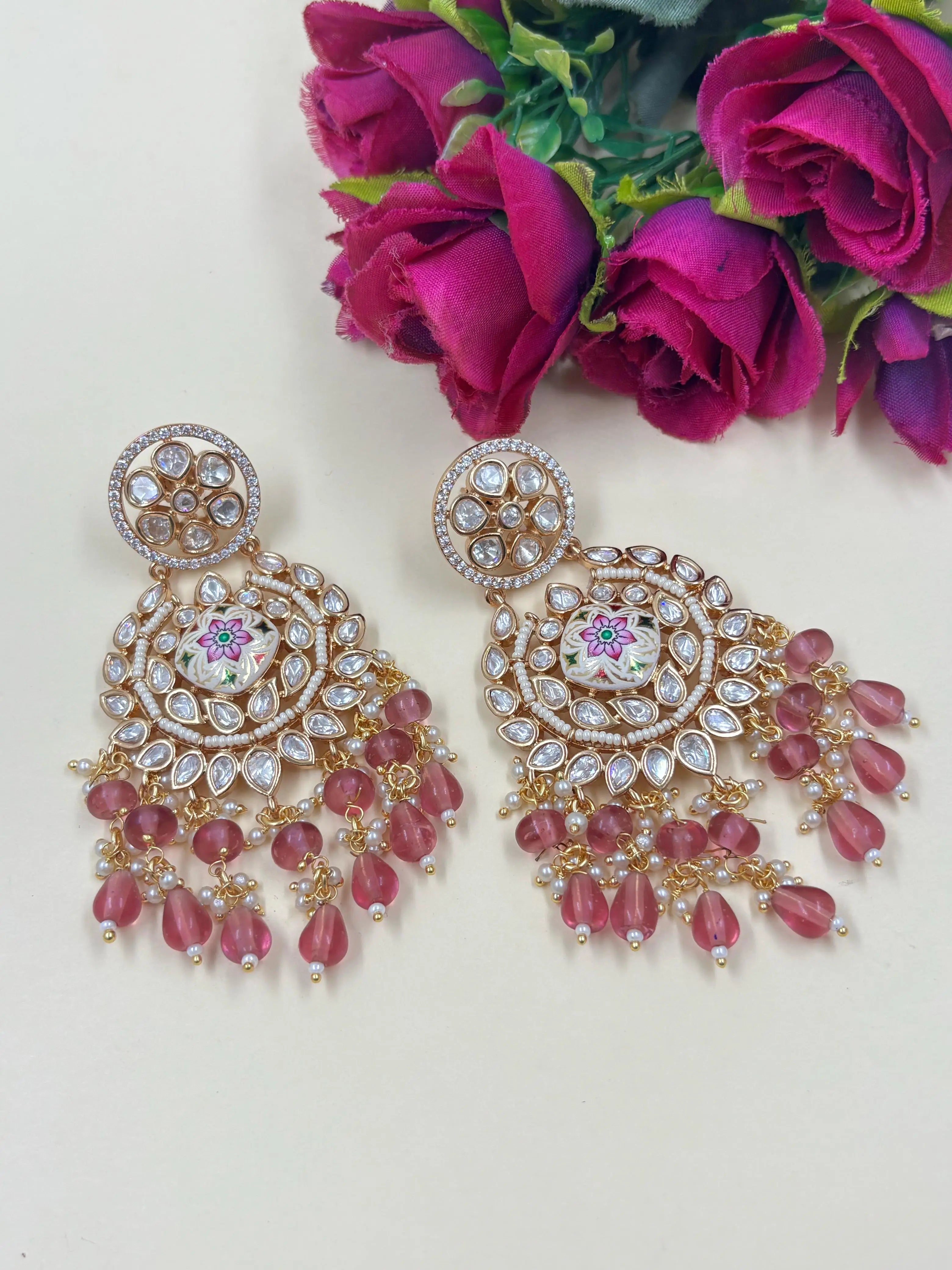 Traditional Rose Gold Finish Peach Color Kundan Chandbali Earrings