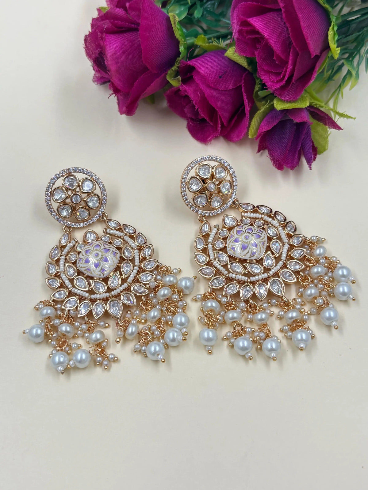 Traditional Rose Gold Finish White Kundan Chandbali Earrings