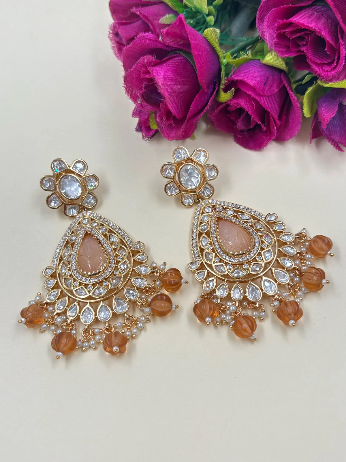 Designer Long Orange Kundan Polki Dangler Earrings