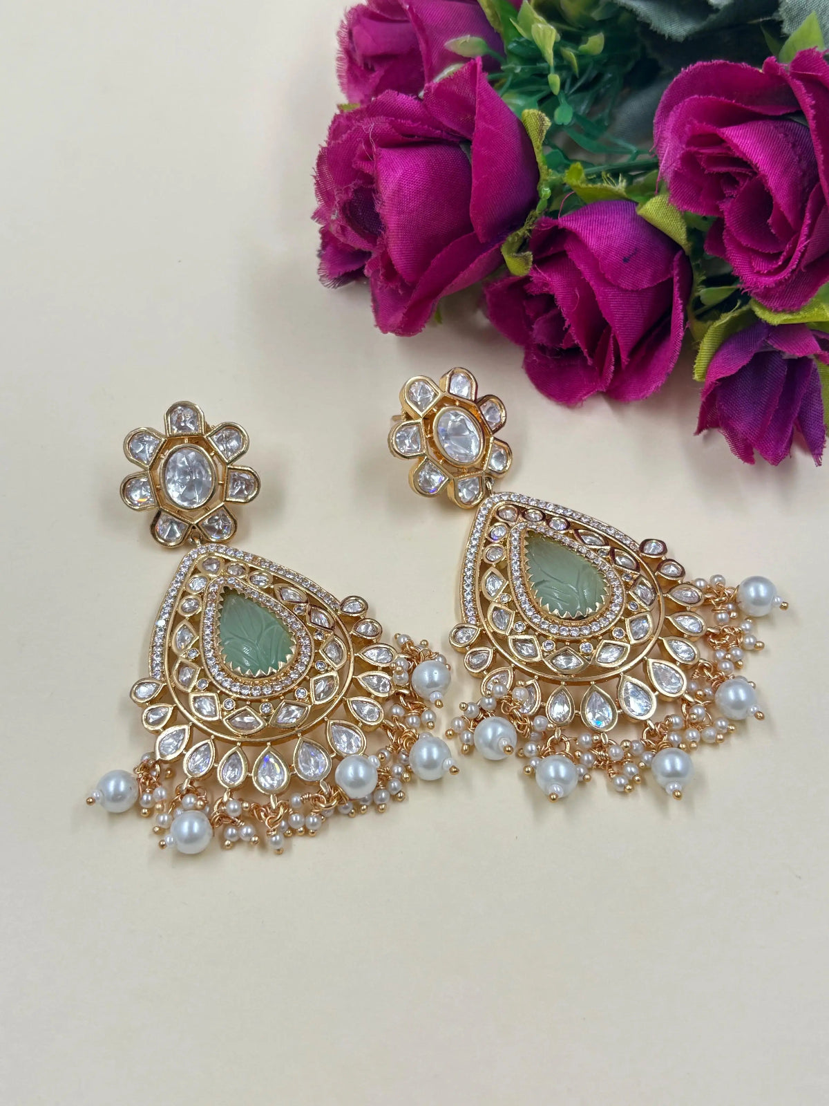 Designer Long Mint Green Kundan Polki Dangler Earrings