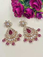 Designer Long Ruby Pink Kundan Polki Dangler Earrings