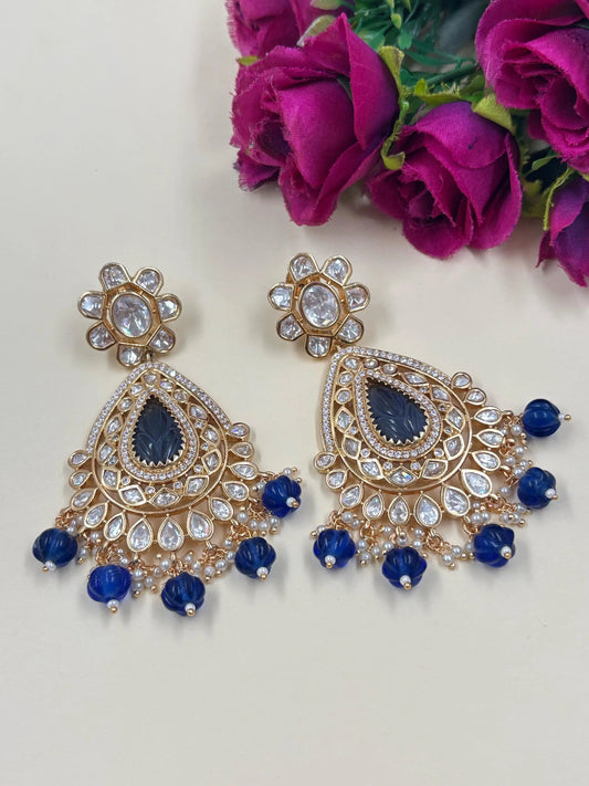 Designer Long Blue Kundan Polki Dangler Earrings