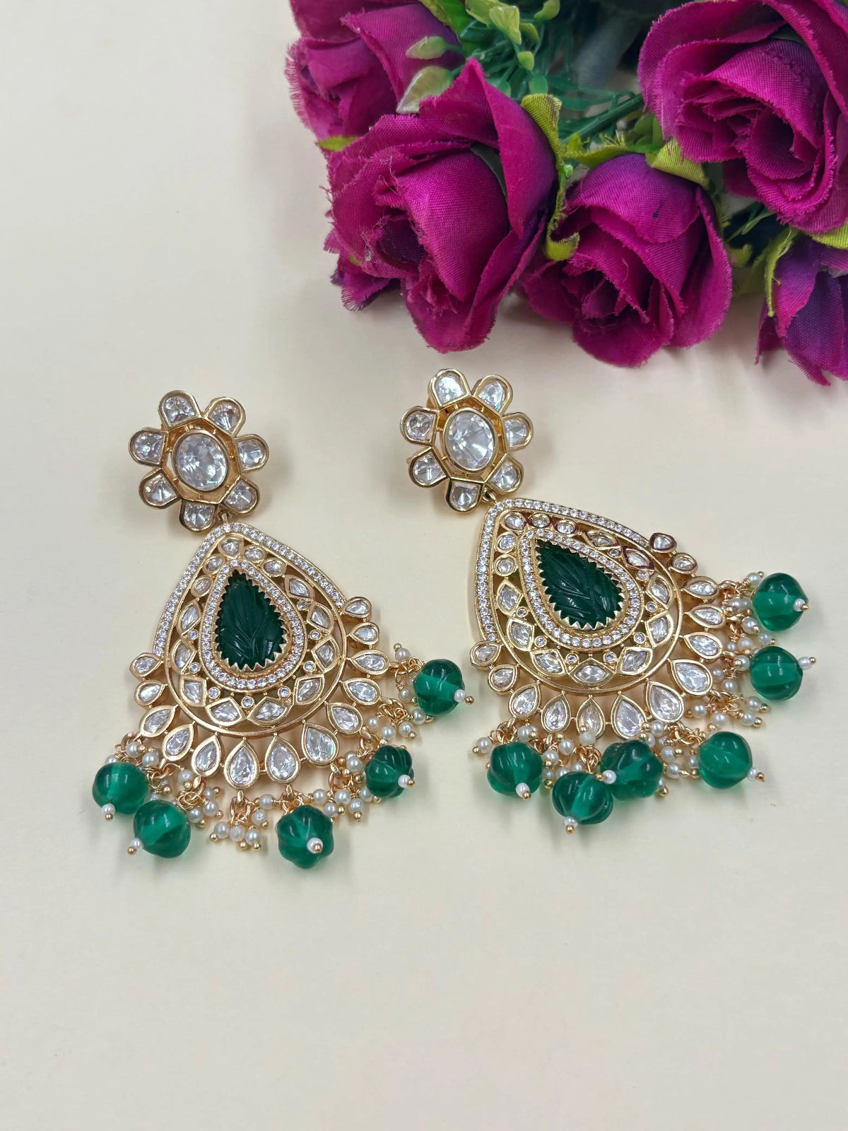 Designer Long Green Kundan Polki Dangler Earrings