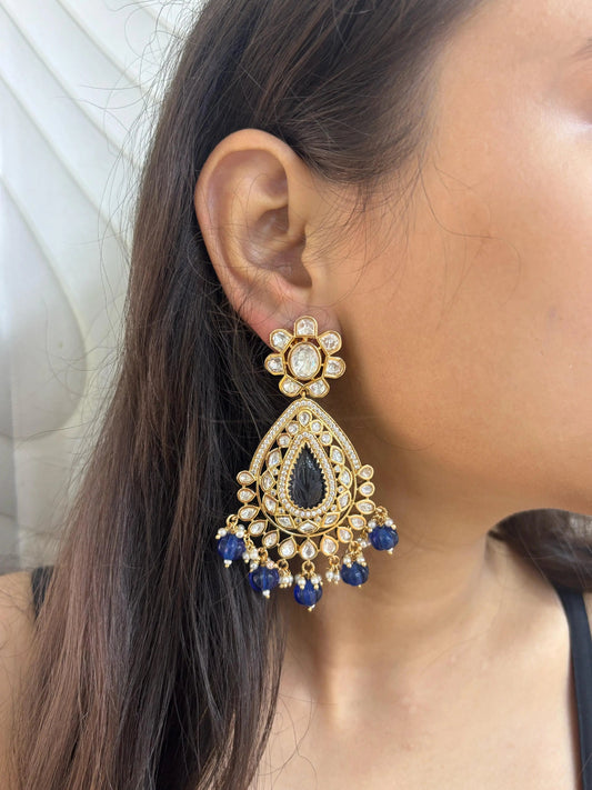 Designer Long Blue Kundan Polki Dangler Earrings 