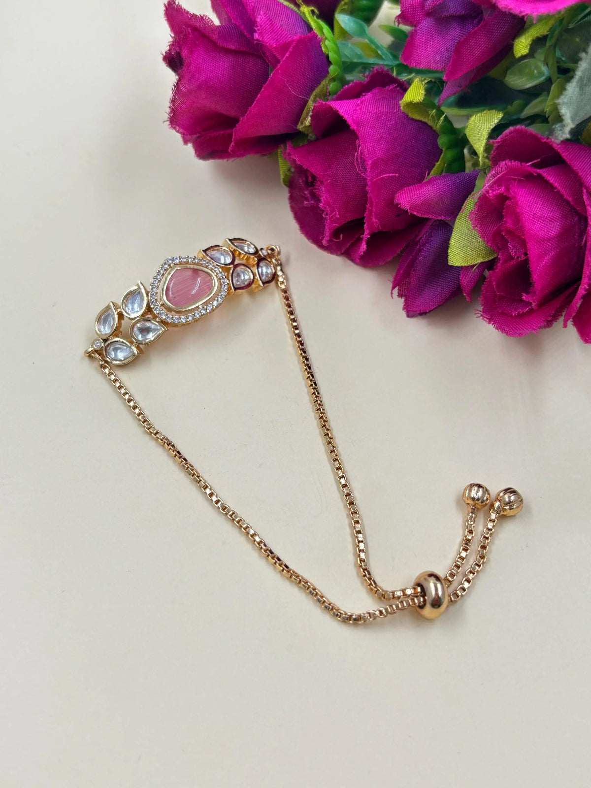 Delicate Baby Pink Kundan Bracelet With Adjustable Chain