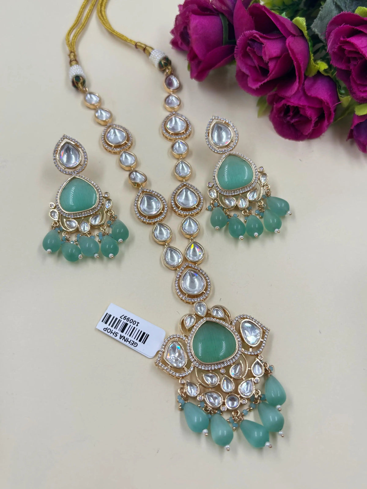 Exquisite Gold Finish Mint Green Polki Kundan Jewelry Necklace Set for Women by Gehna Shop