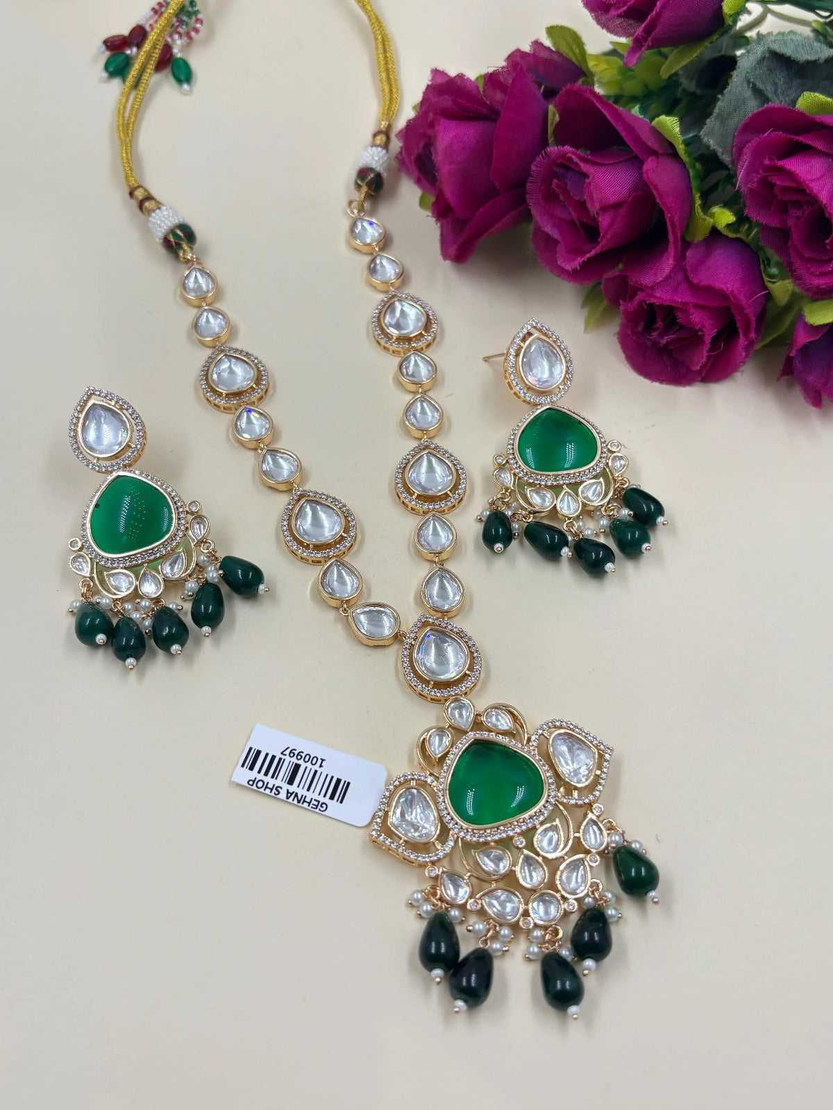 Exquisite Gold Finish Green Polki Kundan Jewelry Necklace Set for Women by Gehna Shop