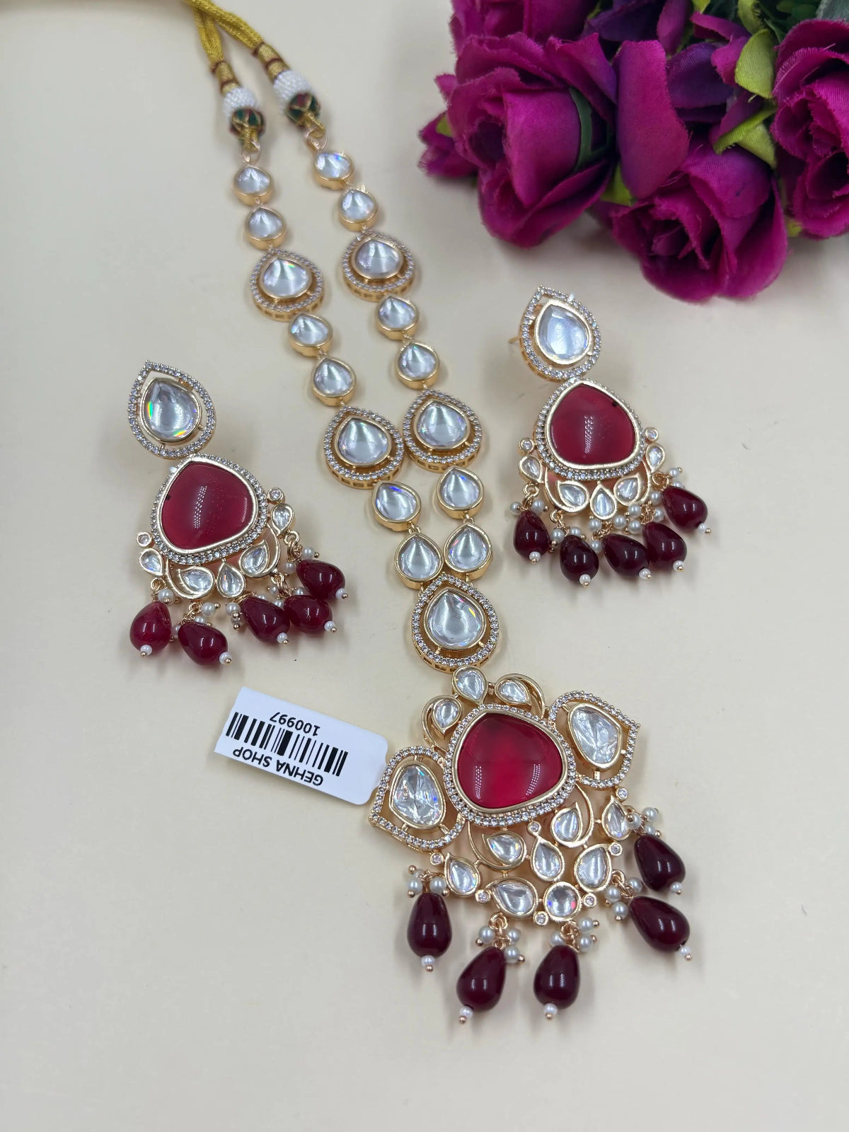 Exquisite Gold Finish red Polki Kundan Jewelry Necklace Set for Women by Gehna Shop