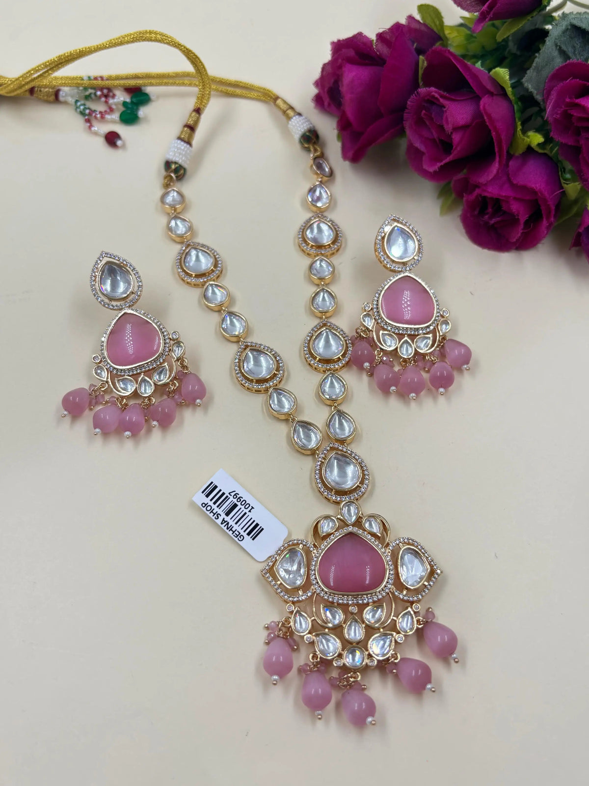 Exquisite Gold Finish baby Pink Polki Kundan Jewelry Necklace Set for Women by Gehna Shop