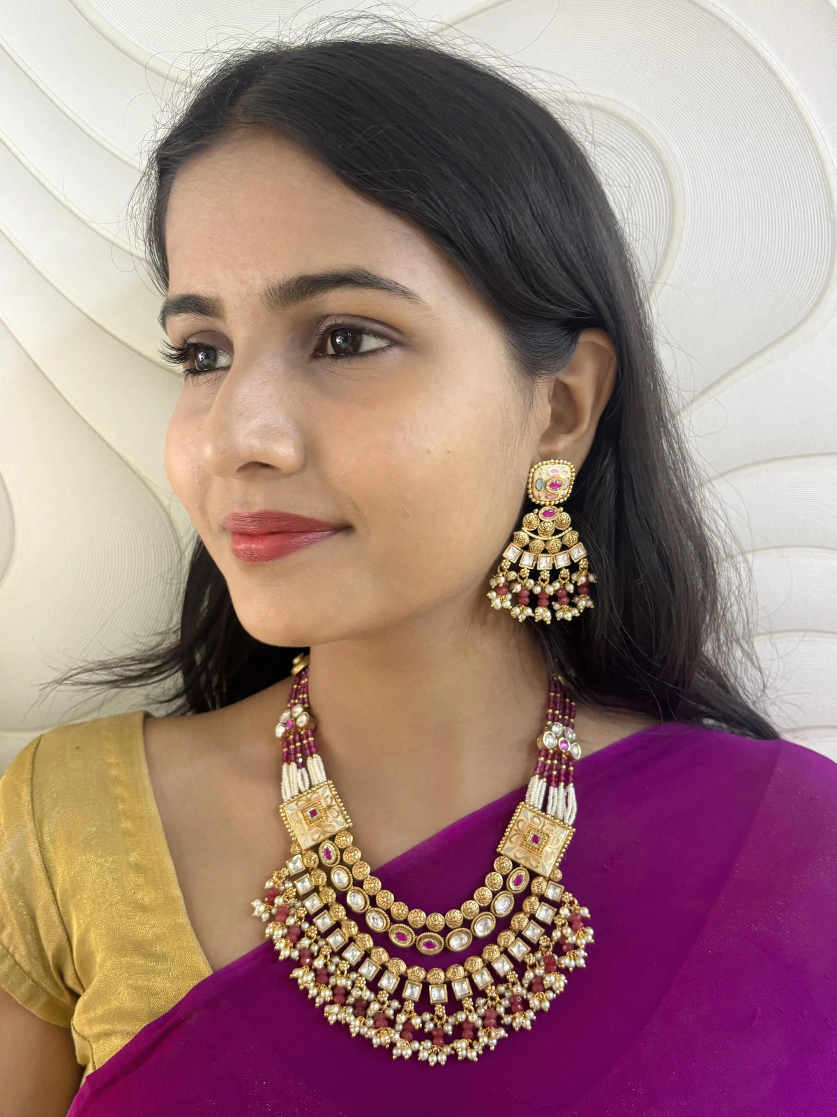 Traditional Antique Necklace Set With Kundan And Pearls