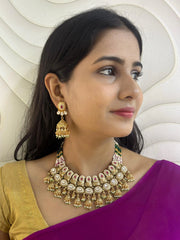 Traditional Gold Plated Antique Necklace Set With Kundan And Pearls