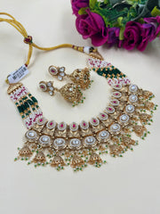 Traditional Gold Plated Antique Necklace Set With Kundan And Pearls