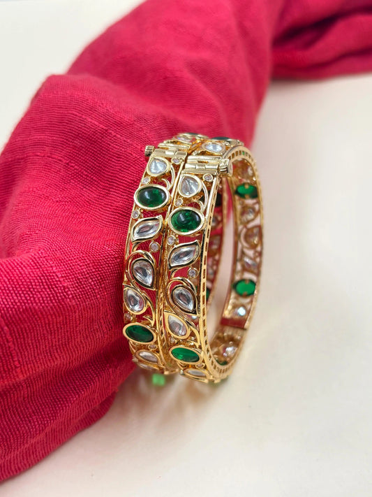 Rose Gold Finish Artificial Openable Green Kundan Bangles For Women