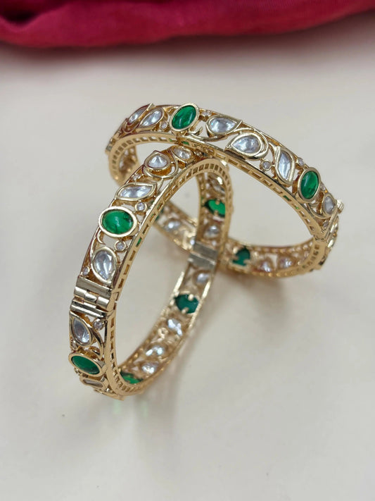 Rose Gold Finish Artificial Openable Green Kundan Bangles For Women