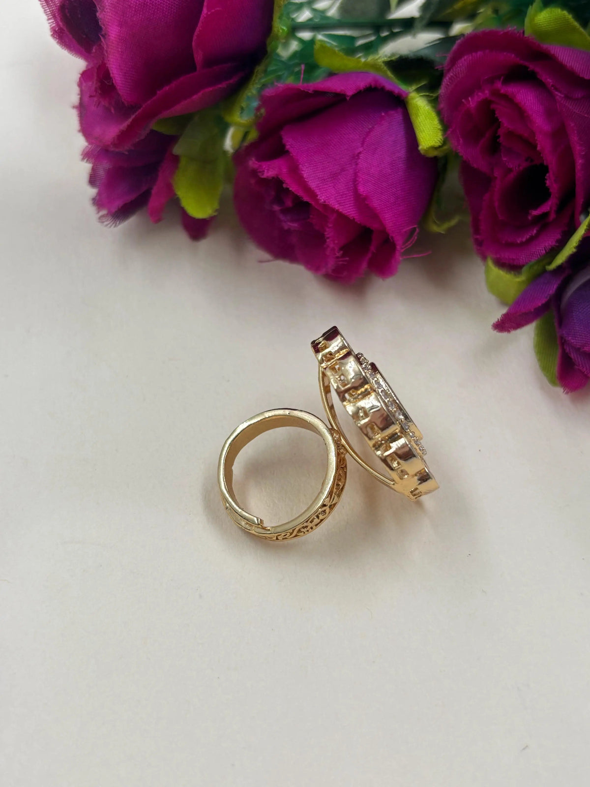 Elegant Rose Gold Finish AD And Kundan Adjustable Finger Ring For Weddings And Parties