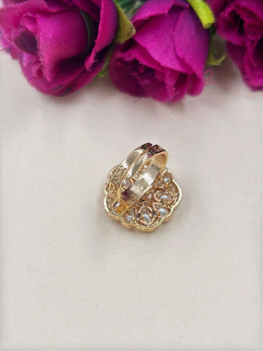 Beautiful Rose Gold Finish Floral Design Kundan Polki Finger Ring For Women