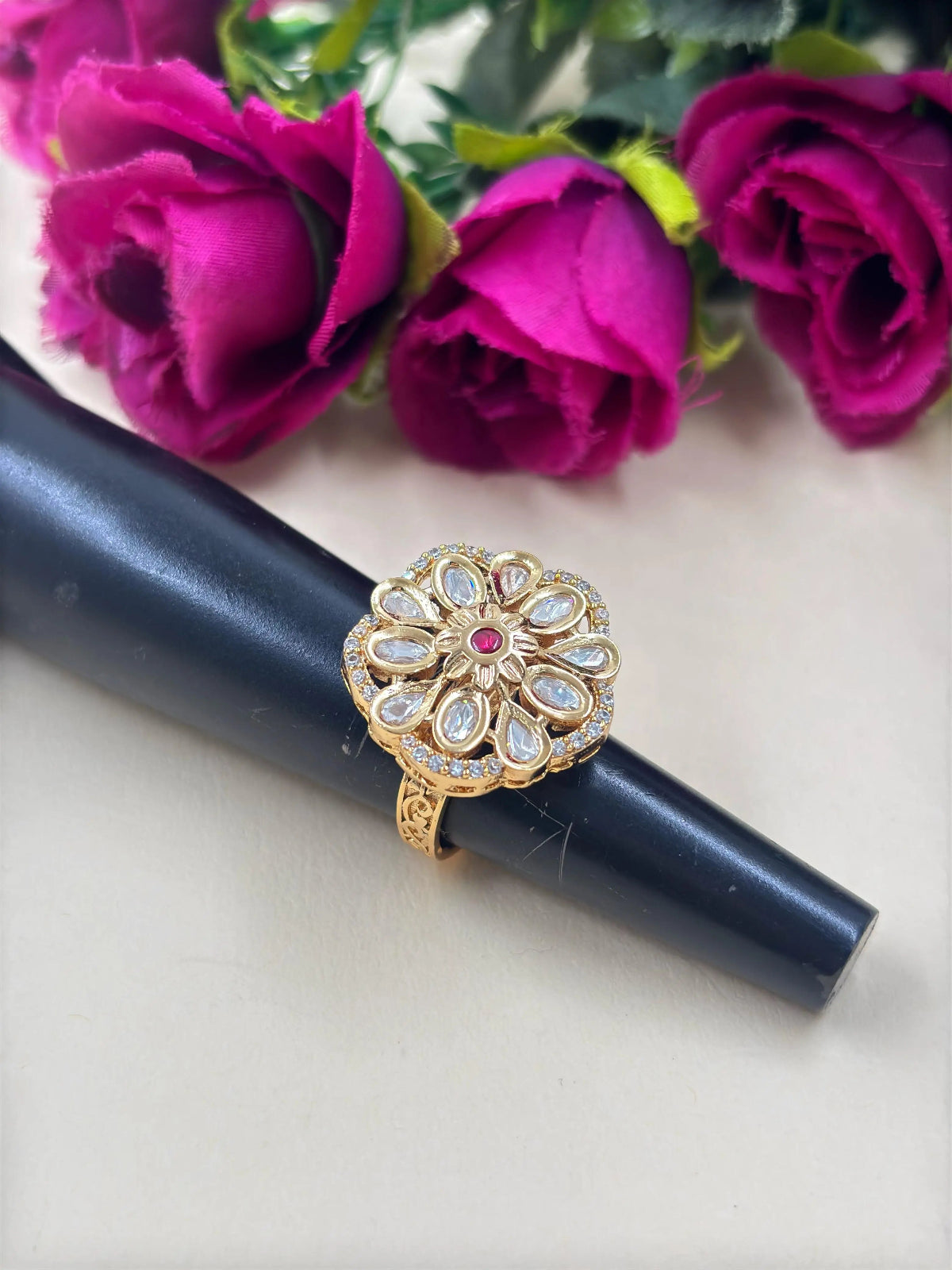 Beautiful Rose Gold Finish Floral Design Kundan Polki Finger Ring For Women