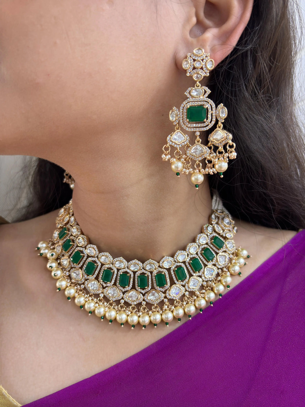 Emerald Green Kundan Choker Necklace Set with Pearls – Statement Bridal Jewelry