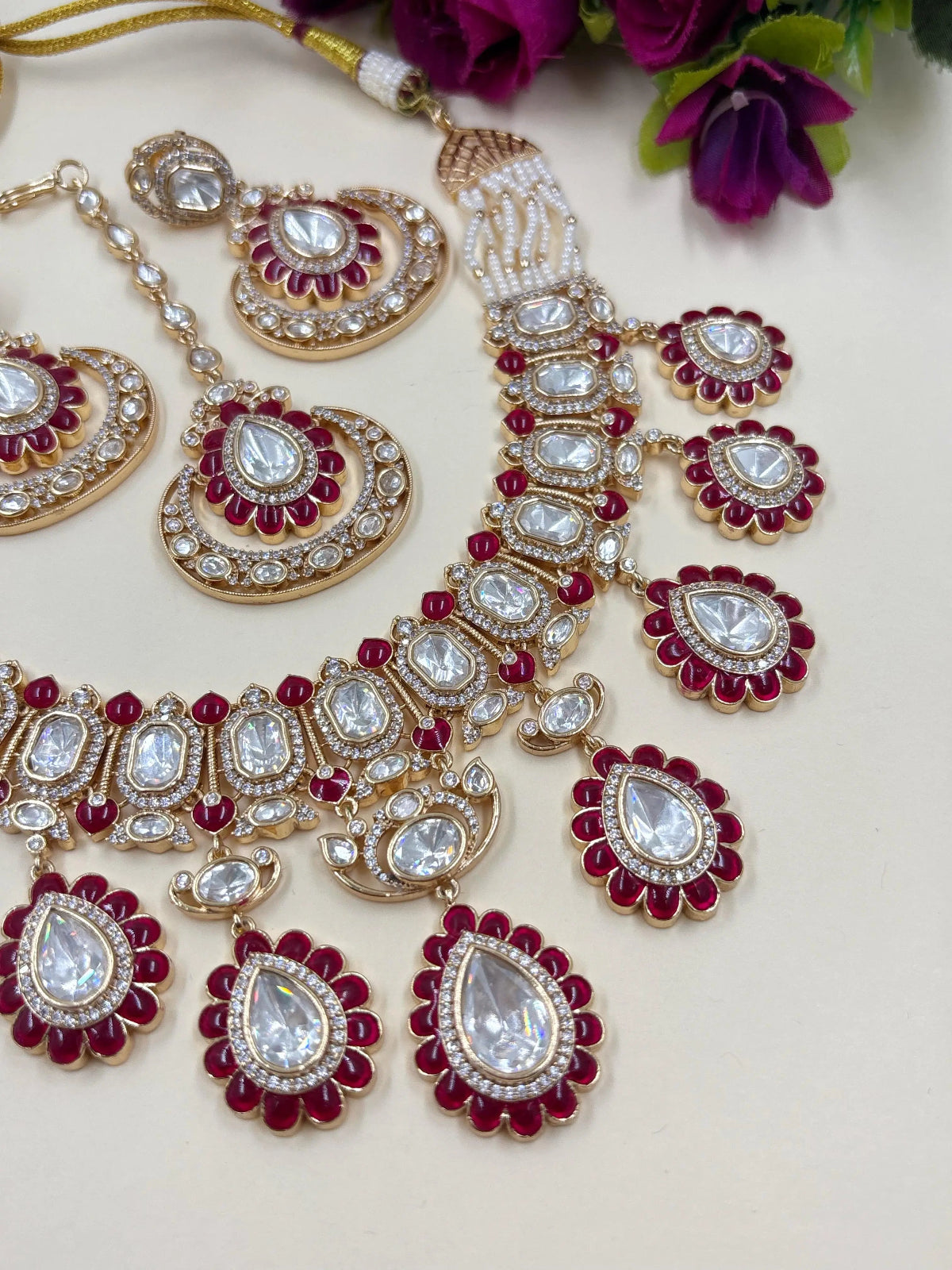 Designer Ruby Red Kundan Bridal Necklace Set With Tikka – Luxury Wedding Jewelry Set