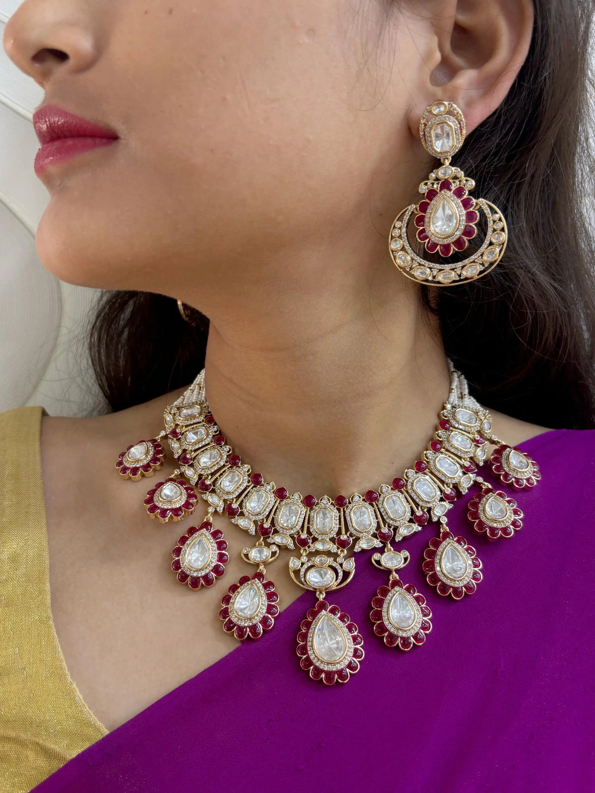 Designer Ruby Red Kundan Bridal Necklace Set With Tikka – Luxury Wedding Jewelry Set