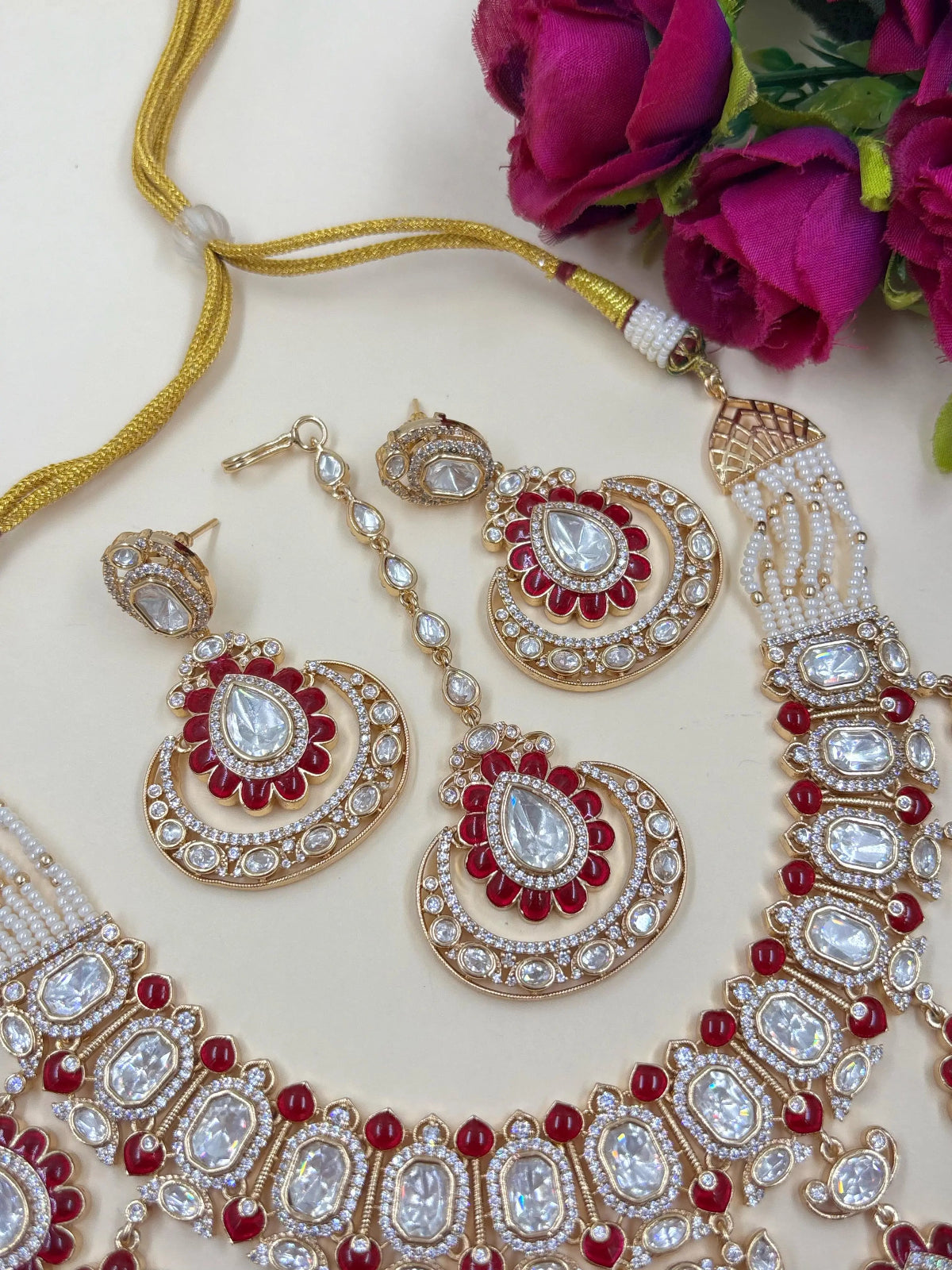 Designer Ruby Red Kundan Bridal Necklace Set With Tikka – Luxury Wedding Jewelry Set