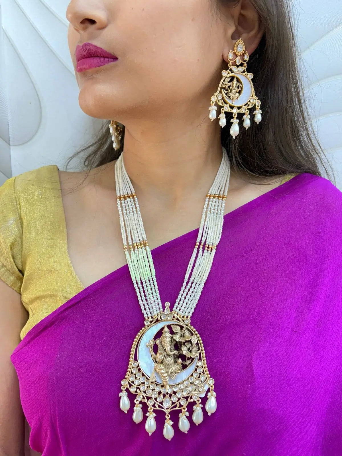 Gold Plated Lord Ganesh Long Temple Jewelry Set | South Indian Temple Jewellery For Weddings