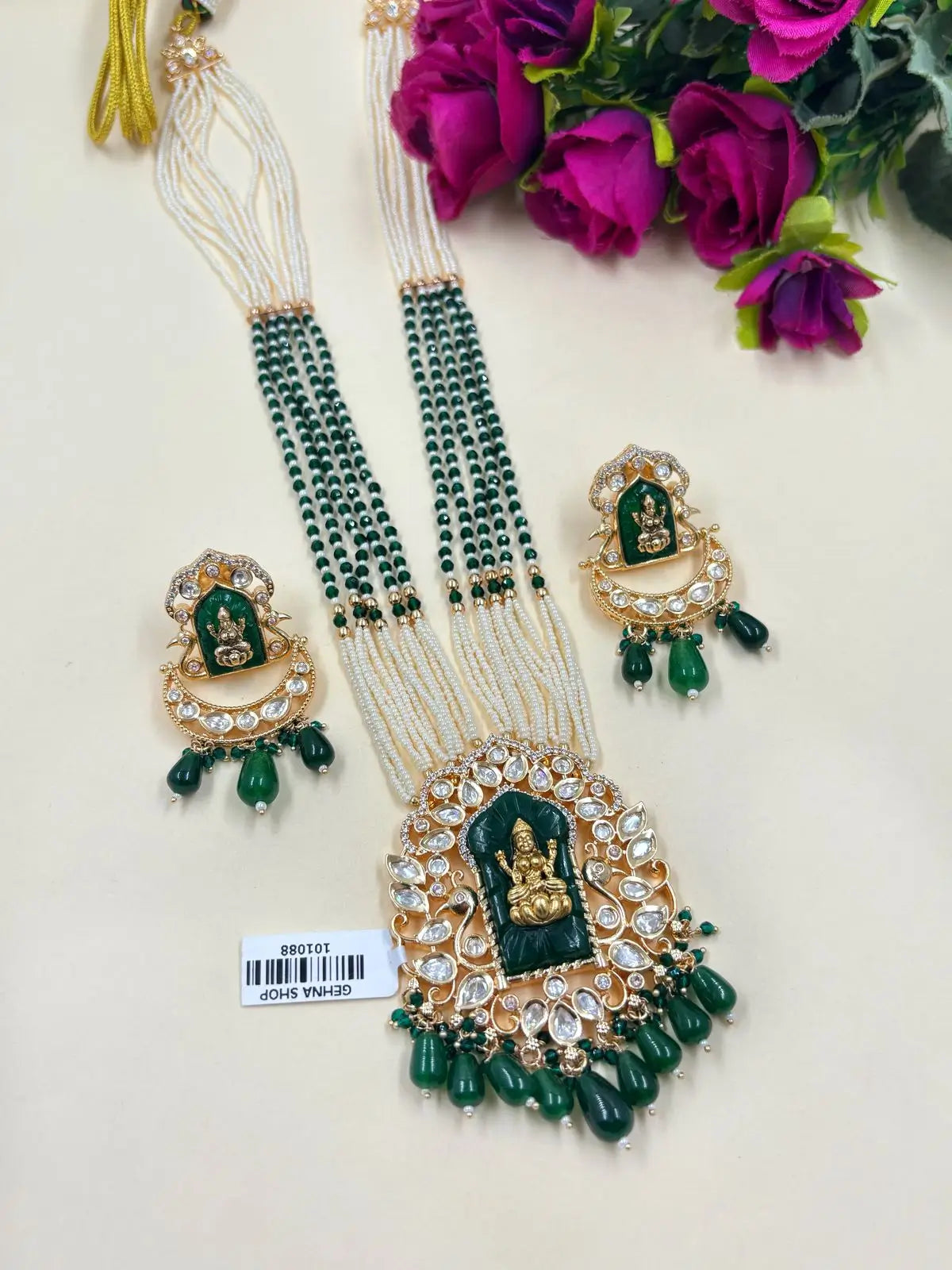 Divine Goddess Lakshmi Devi Temple Jewellery Set | South Indian Long Polki Temple Jewelry for Women