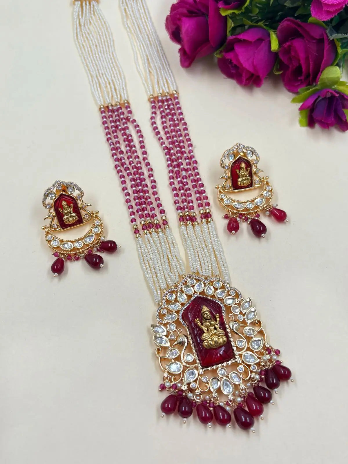 Divine Goddess Lakshmi Devi Temple Jewellery Set | South Indian Long Polki Temple Jewelry for Women