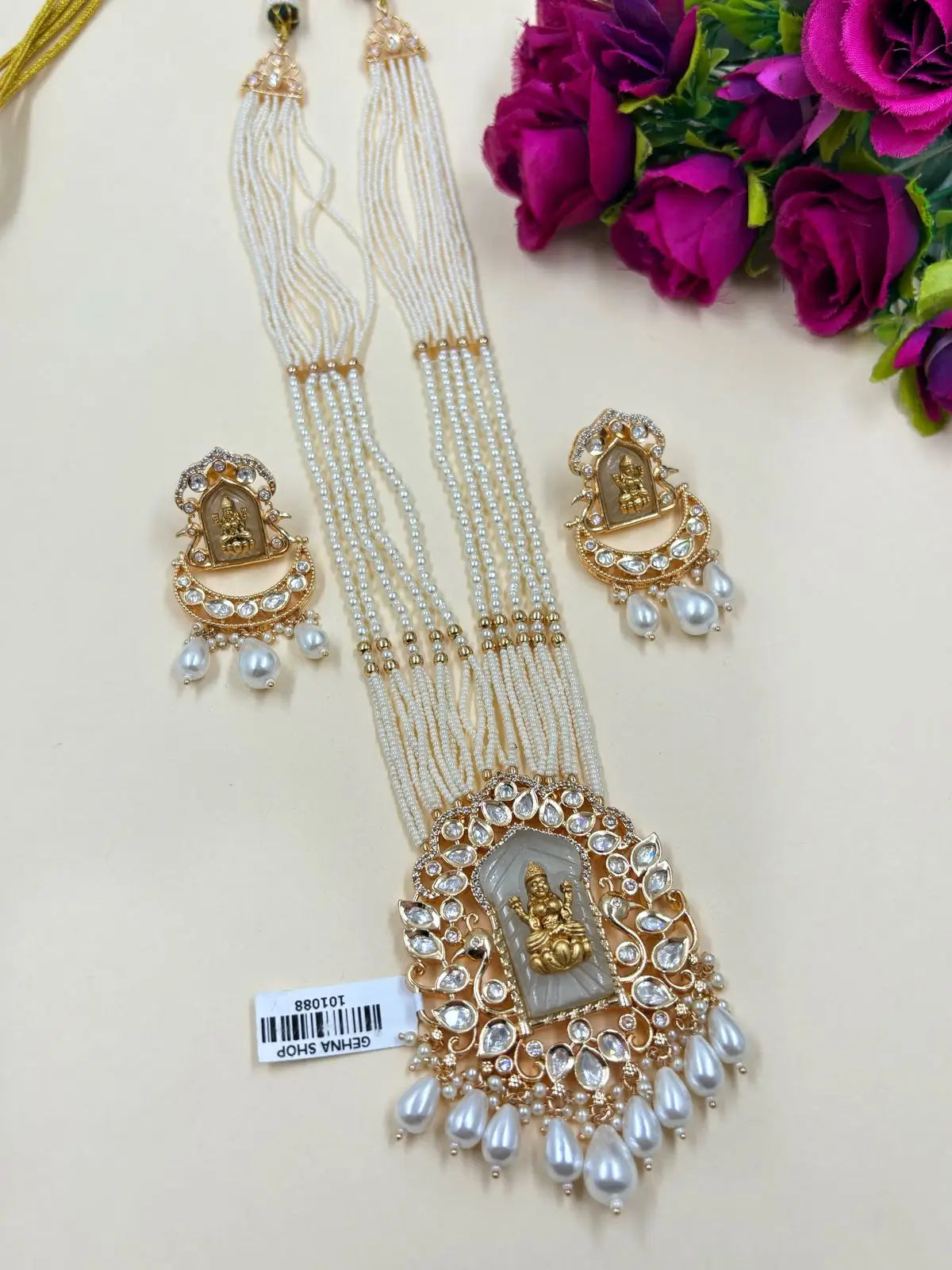 Divine Goddess Lakshmi Devi Temple Jewellery Set | South Indian Long Polki Temple Jewelry for Women