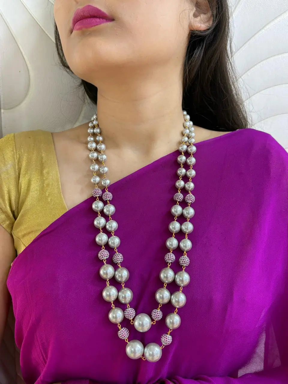Elegant Long Layered Shell Pearls Beaded Necklace - Designer Grey Pearl Necklace For Women