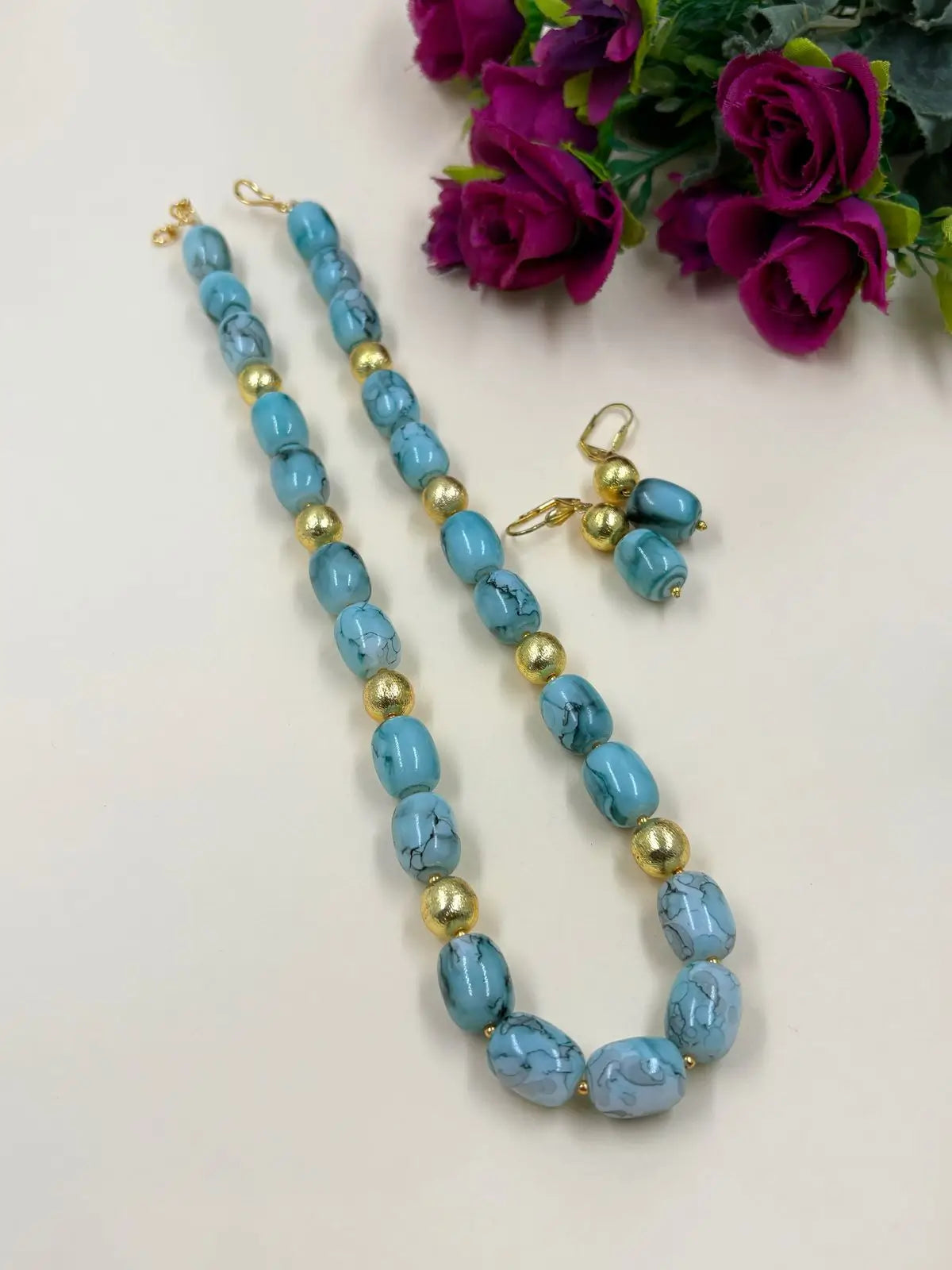 Semi Precious Sky Blue Chalcedony Stone Beaded Necklace Set - Indo Western Bead Necklace Set