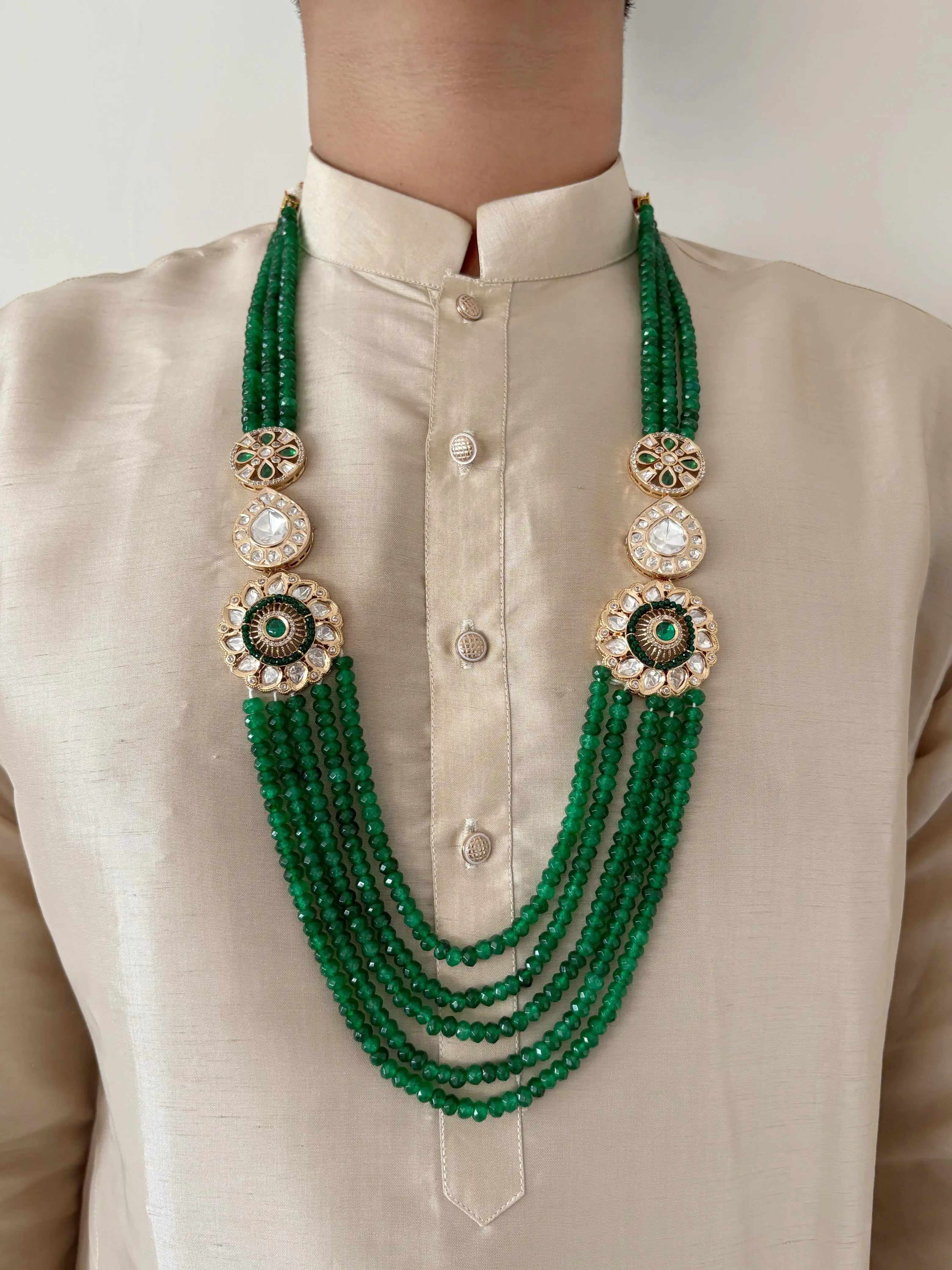 Long Semi Precious Grooms Dulha  Green Beaded Jewellery Necklace With Kundan And Polki Side Brooches