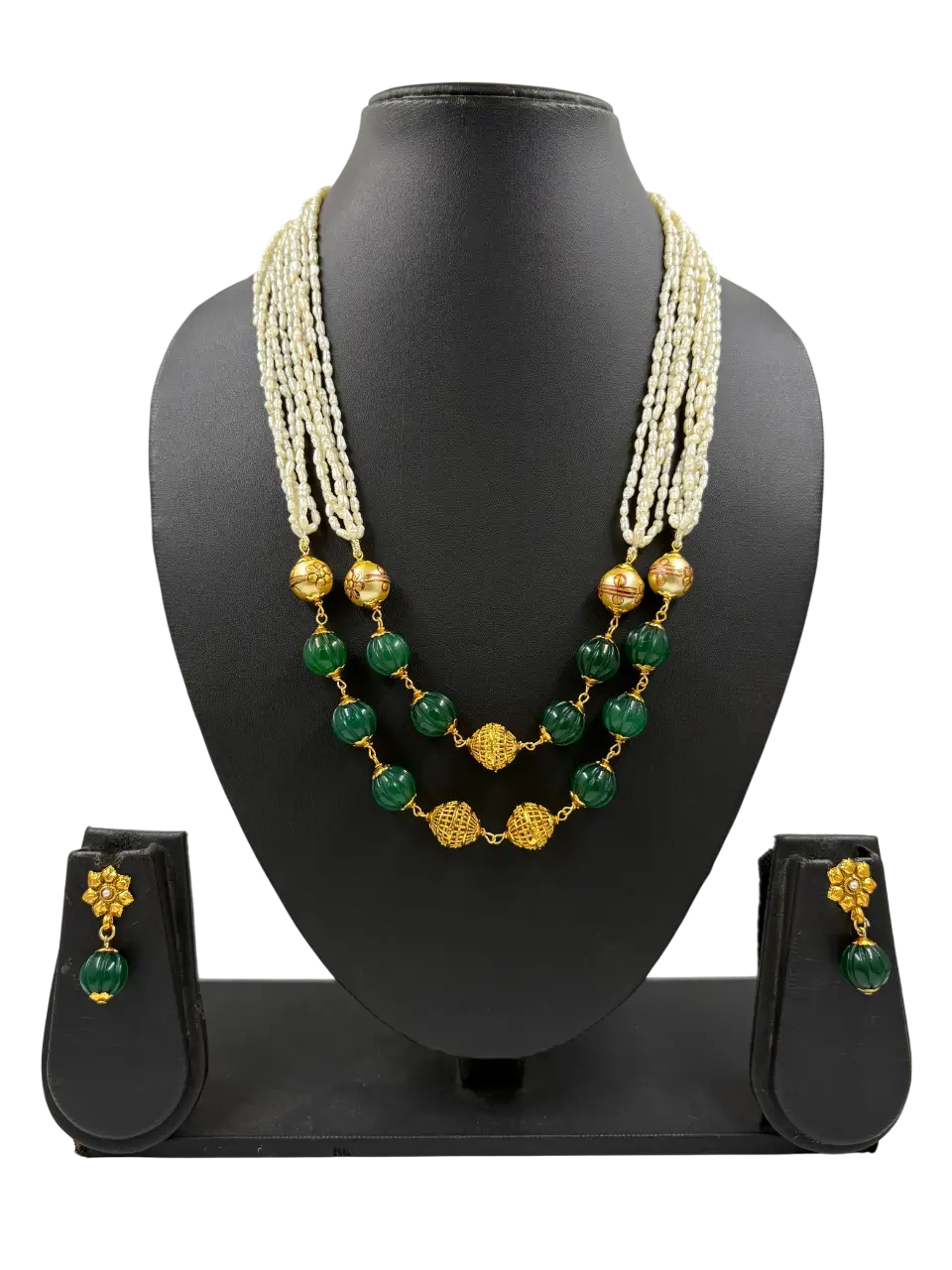 Semi Precious Green Pumpkin Beads And Natural Freshwater Pearls Beaded Necklace Set For Women