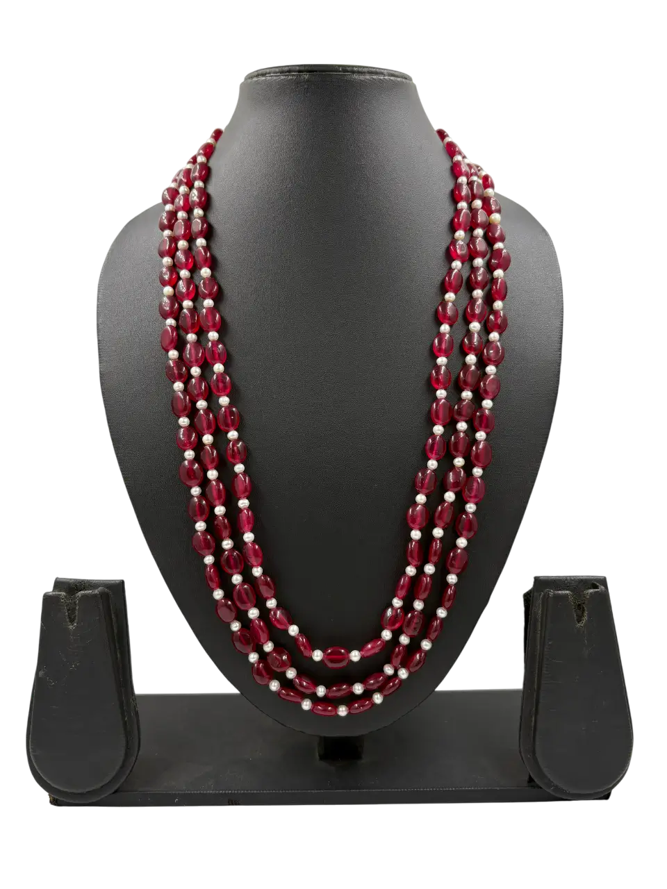 Semi Precious Red Jade & Real Pearls Beaded Necklace - Perfect For Saree And Sherwani Wear