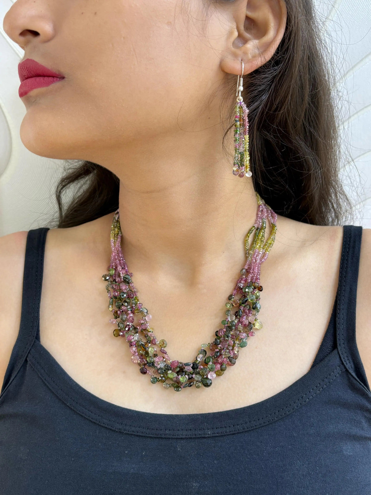 Exquisite Handcrafted Multilayered Real Tourmaline Beads Necklace Set For Women - Designer Gemstone Jewelry 