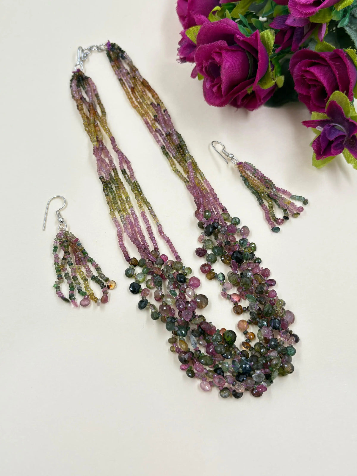 Exquisite Handcrafted Multilayered Real Tourmaline Beads Necklace Set For Women - Designer Gemstone Jewelry 
