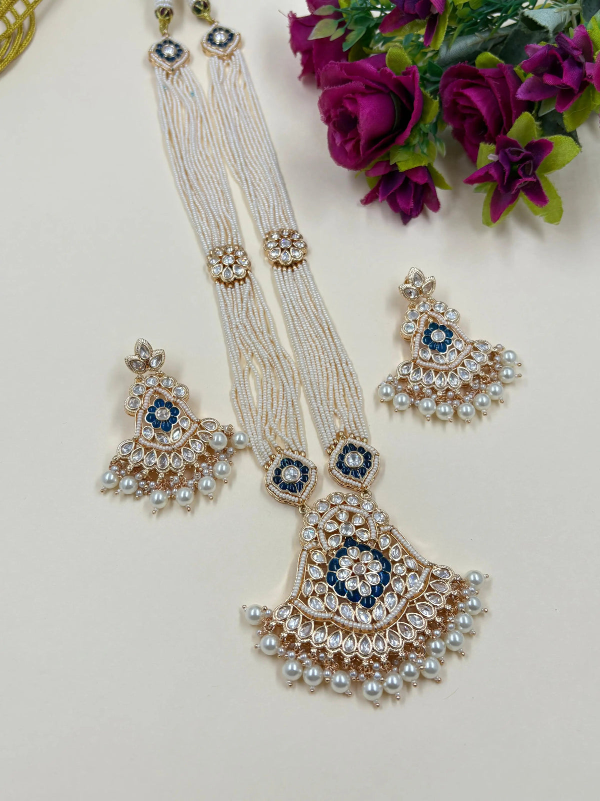 Classy Long Kundan Necklace Set With Pearl Strands | Wedding Wear Luxury Green Kundan Necklace Set