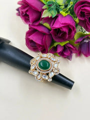 Rose Gold Finish Big Size Kundan Finger Ring For Women - Wedding And Festive Wear Rings
