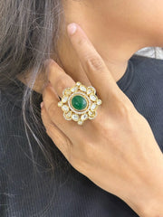 Rose Gold Finish Big Size Kundan Finger Ring For Women - Wedding And Festive Wear Rings