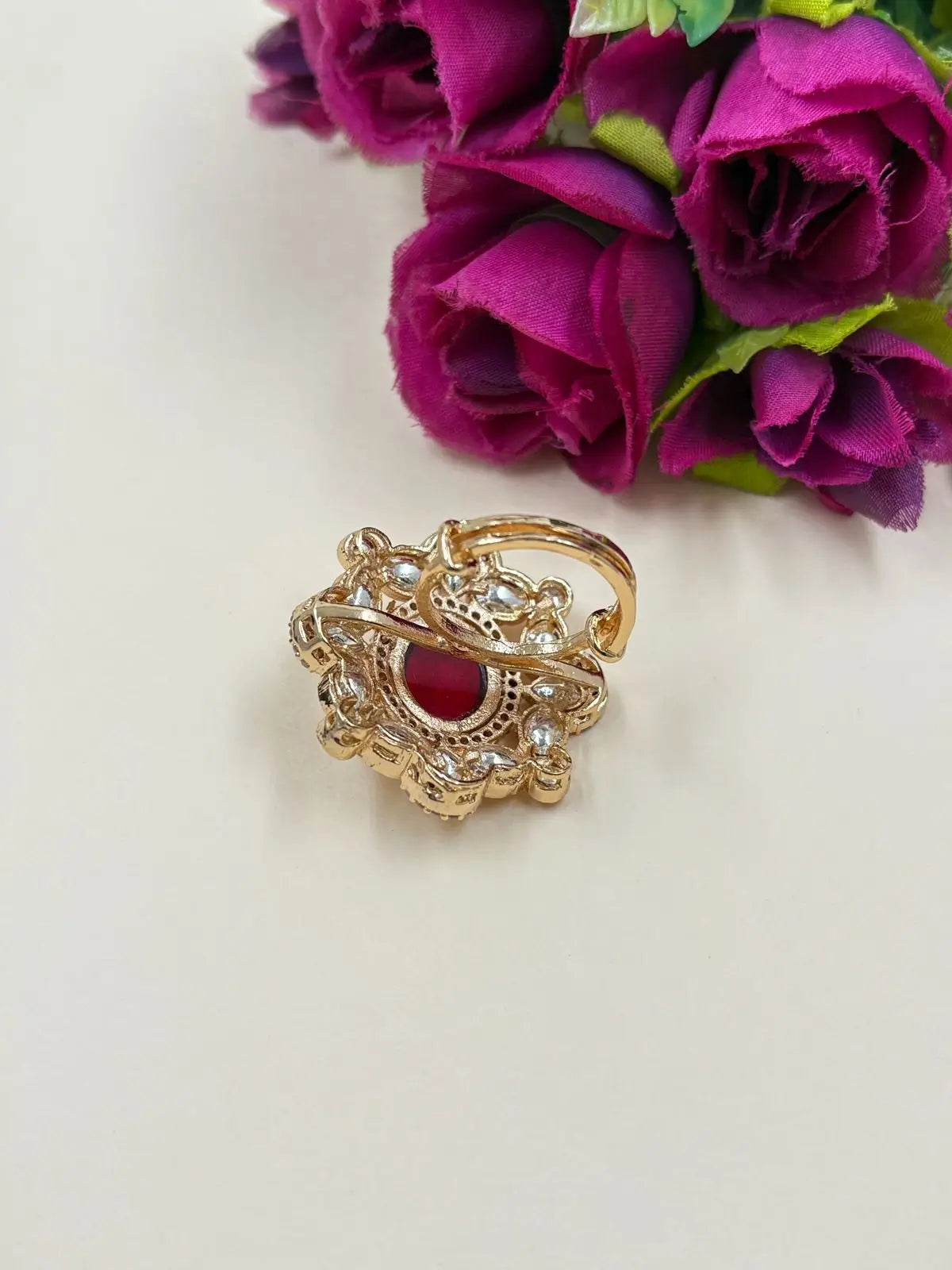 Rose Gold Finish Big Size Kundan Finger Ring For Women - Wedding And Festive Wear Rings