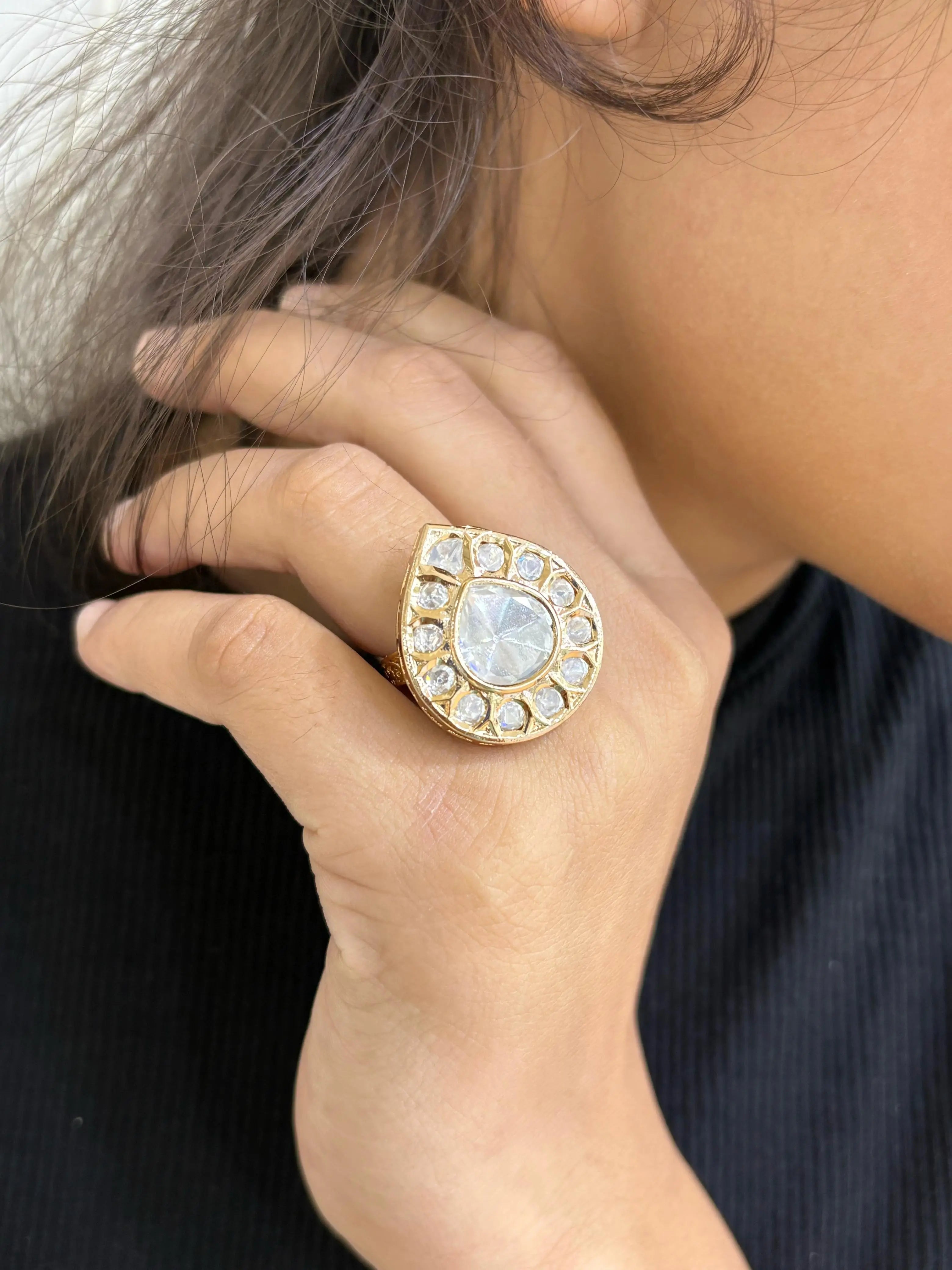 Elegant Adjustable Polki Kundan Finger Ring For Ladies - Wedding And Party Wear 