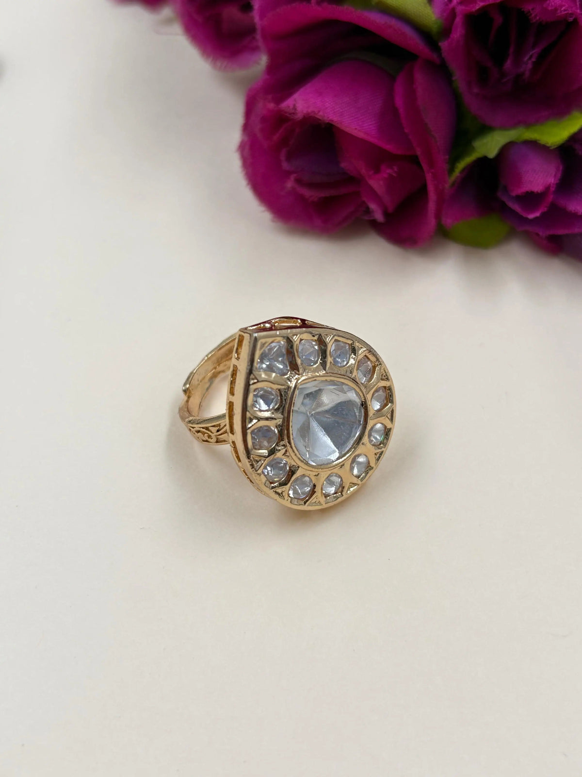 Elegant Adjustable Polki Kundan Finger Ring For Ladies - Wedding And Party Wear 