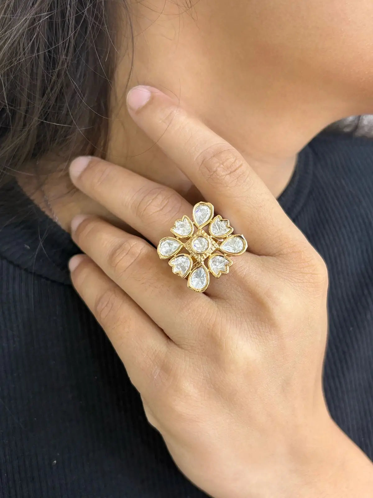 Rose Gold Finish Square Shape Adjustable Kundan Finger Ring For Women 