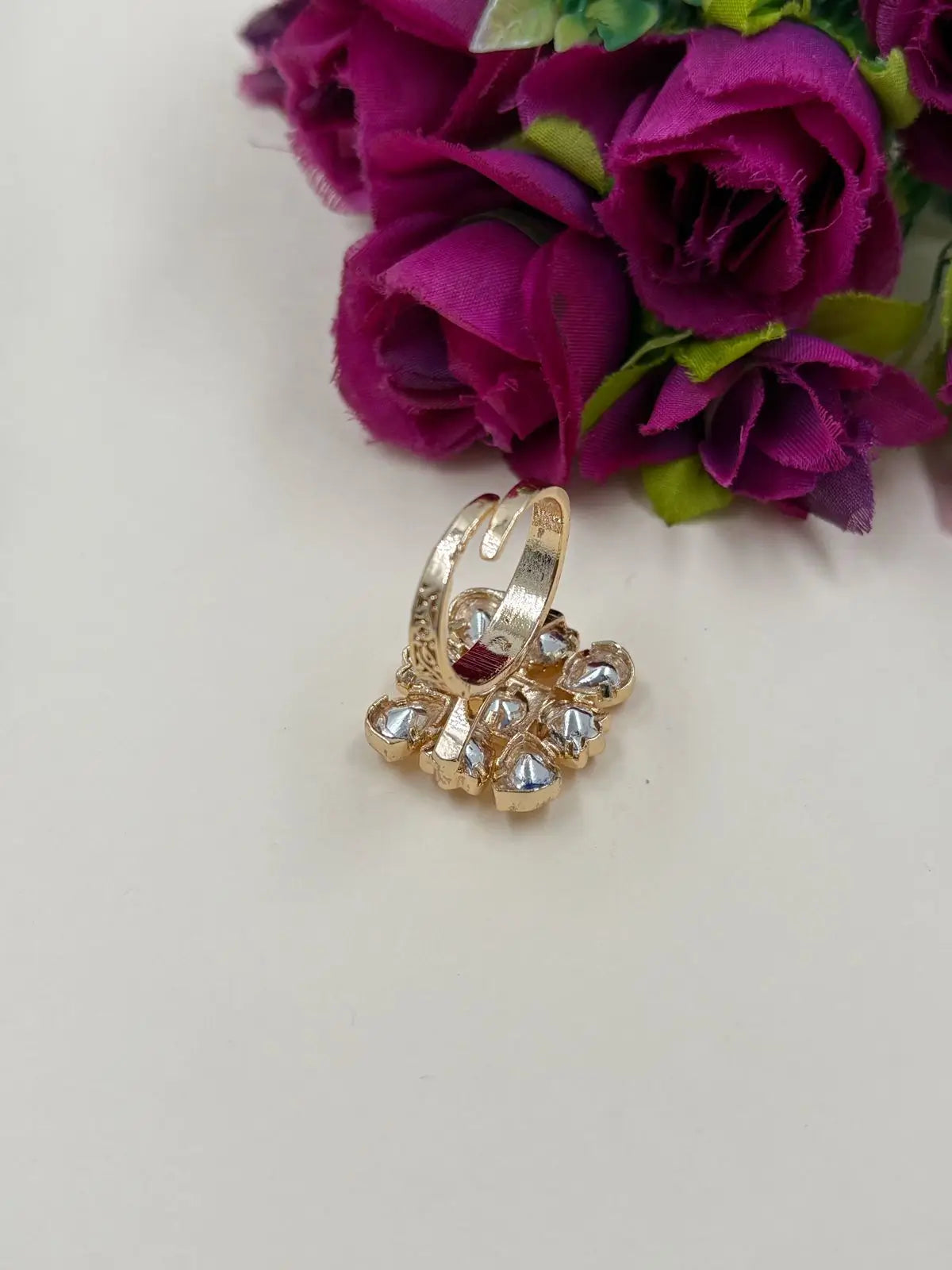 Rose Gold Finish Square Shape Adjustable Kundan Finger Ring For Women 